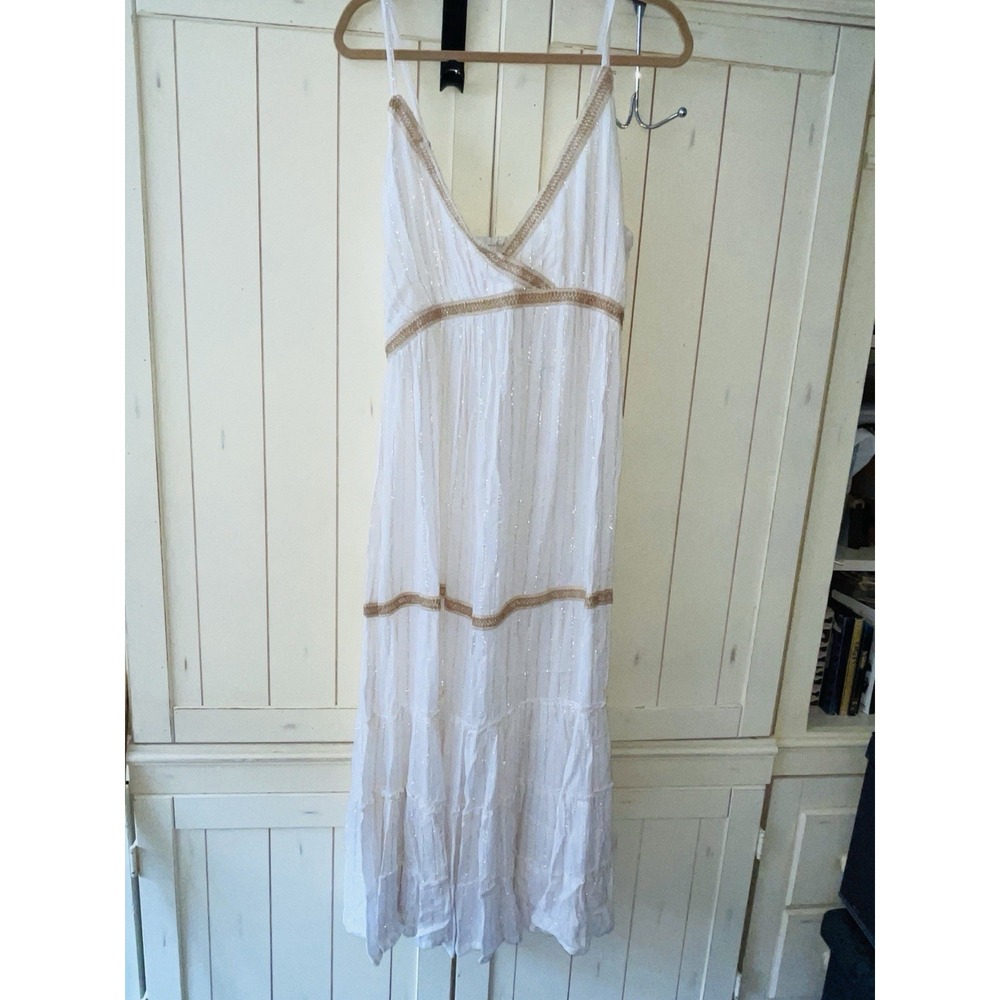 NWT Jessica Taylor White Gold Metallic Lurex Boho Maxi Dress Womens L/XL Tiered